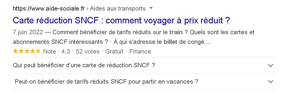 Etxrait d'un résultat Google avec balise title et rich snippet