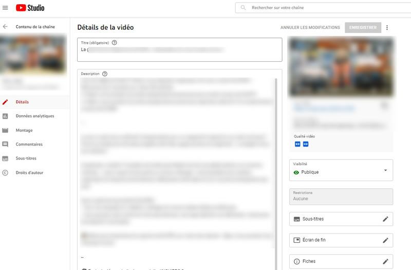 screenshot du back-office d'une vidéo sur Youtube Studio