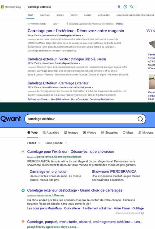 extrait de la  SERP de Bing et Qwant