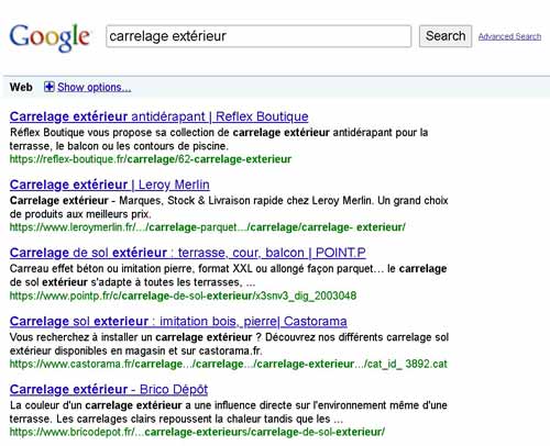 Résultats d'une recherche Google en 2009