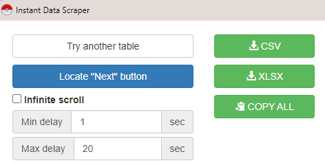 instant data scraper : locate next button