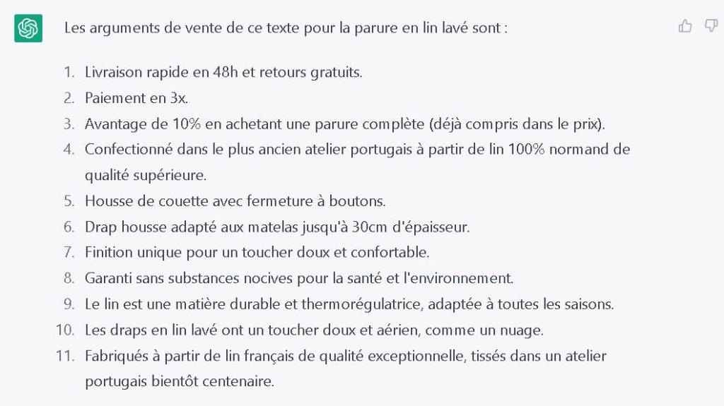 exemple d'arguments d'un texte de vente fournis par CHATGPT