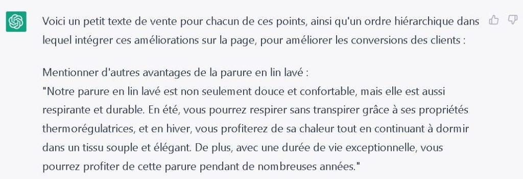 proposition d'un texte de vente fournie par GPT3