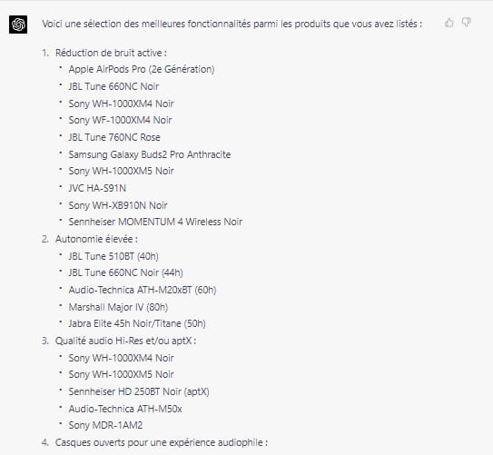 Output ChatGPT : fonctionnalités de produits