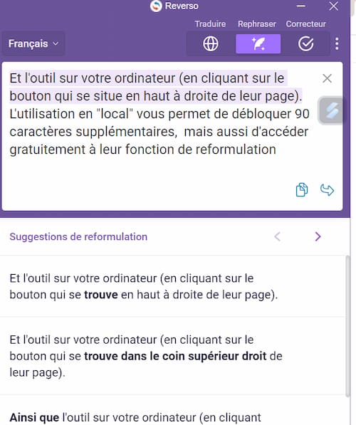 Visualisation de la fonction Rephraser (reformulation) de Reverso