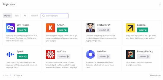 Liste des plugins sur le store ChatGPT Plus
