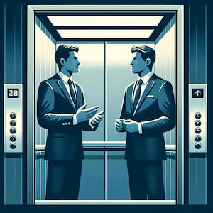 Symbole de l'elevator pitch, avec deux hommes qui discutent dans un ascenseur.