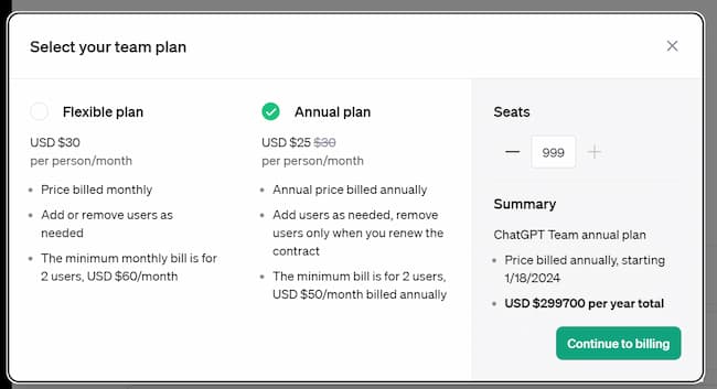 plan de paiement Chatgpt Team : plusieurs possibilités