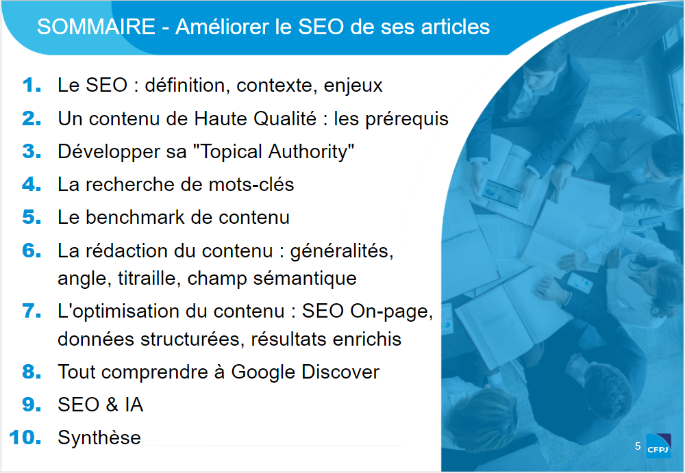 sommaire formation - améliorer le SEO de ses articles