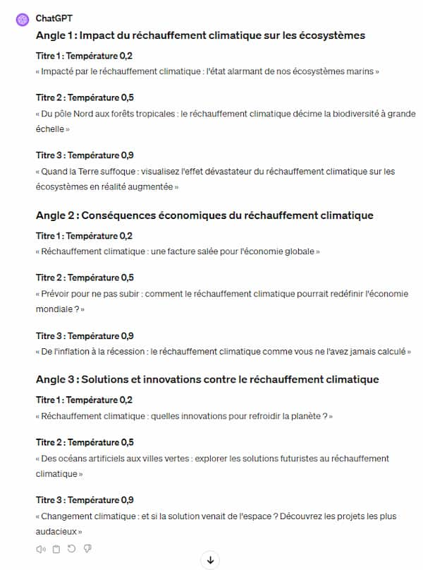 Idées de titre d'article intéressantes générées par ChatGPT sur le sujet du réchauffement climatique