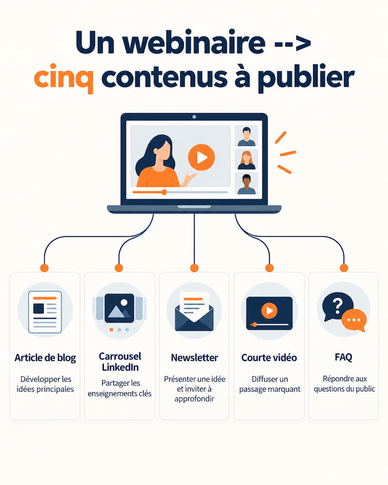 nfographie montrant comment décliner un webinaire en article de blog, carrousel LinkedIn, newsletter, courte vidéo et FAQ