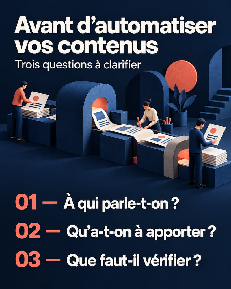 Images dans ChatGPT : Slide LinkedIn présentant trois questions avant d’automatiser ses contenus, illustrée par un atelier miniature de fabrication de documents.
