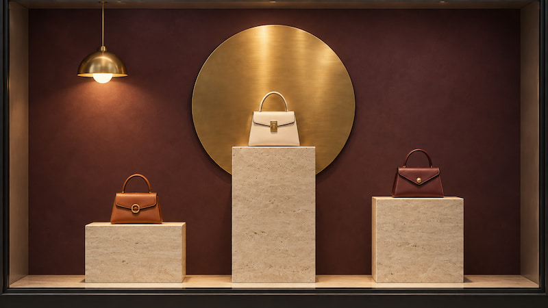 Visualisation d’une vitrine de maroquinerie avec trois sacs sur des socles en travertin, un disque doré et une suspension à gauche.