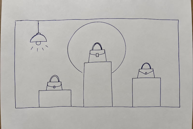 Croquis de vitrine avec trois sacs sur des socles de hauteurs différentes, un grand disque central et une suspension à gauche.