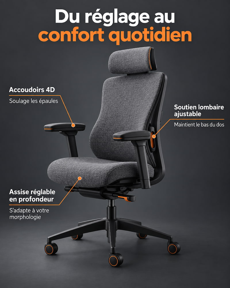 ChatGPT Images 2.5 : rendu visuel commercial d’un fauteuil de bureau montrant les bénéfices de ses accoudoirs, de son assise et de son soutien lombaire.
