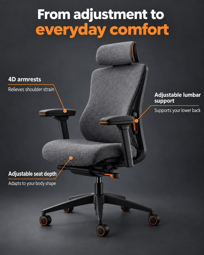 Version anglaise d’un visuel commercial présentant les réglages et les bénéfices d’un fauteuil de bureau ergonomique.