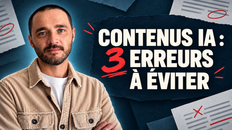 Miniature YouTube générée avec ChatGPT images. Portrait d’Arnaud Anselmet et le titre « Contenus IA : 3 erreurs à éviter ».
