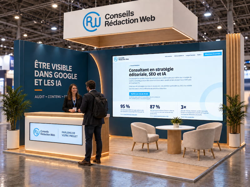 Visualisation d’un stand de salon Conseils Rédaction Web avec deux professionnels au comptoir, un écran de présentation et un espace de discussion.