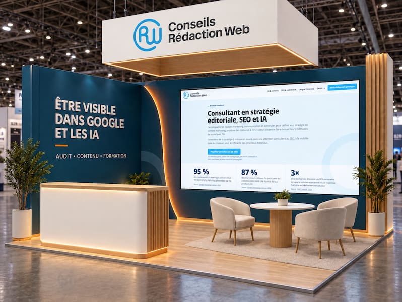 Visualisation d’un stand de salon Conseils Rédaction Web avant itération d'amélioration avec ChatGPT