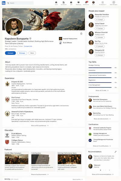 32 tendances & idées de visuels à créer avec ChatGPT Images 2.0 14 Le CV LinkedIn d'un personnage historique