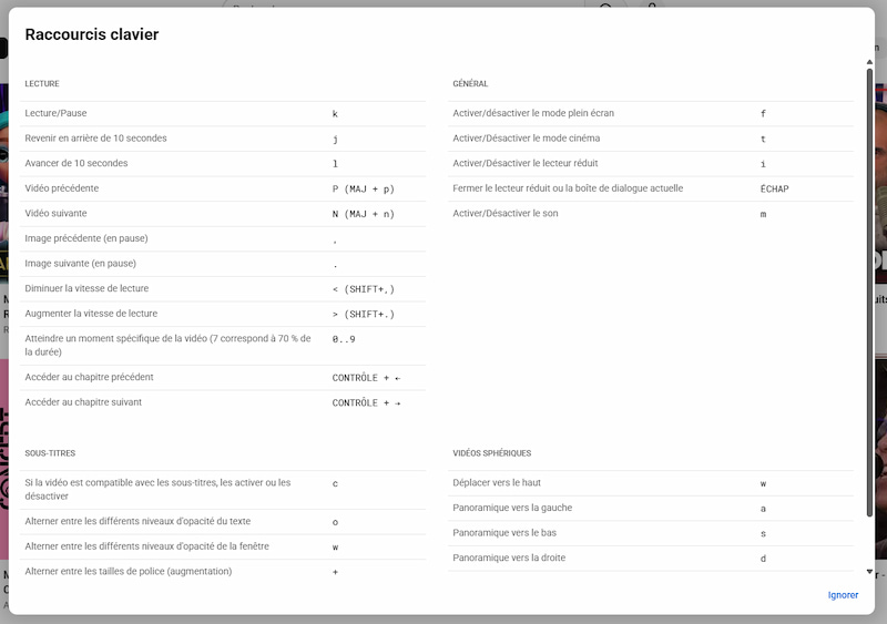 Raccourcis clavier YouTube : la liste complète et les fonctions à connaître 1 panneau liste raccourcis YT