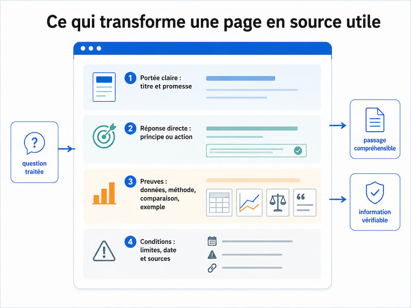 Optimisation AEO_Page web découpée en quatre zones_ portée, réponse directe, preuves et conditions avec sources.
