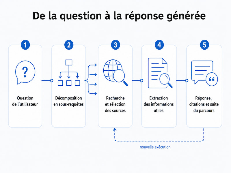 Query fan-out : Schéma en cinq étapes montrant comment une question est décomposée, reliée à plusieurs sources puis transformée en réponse générée.