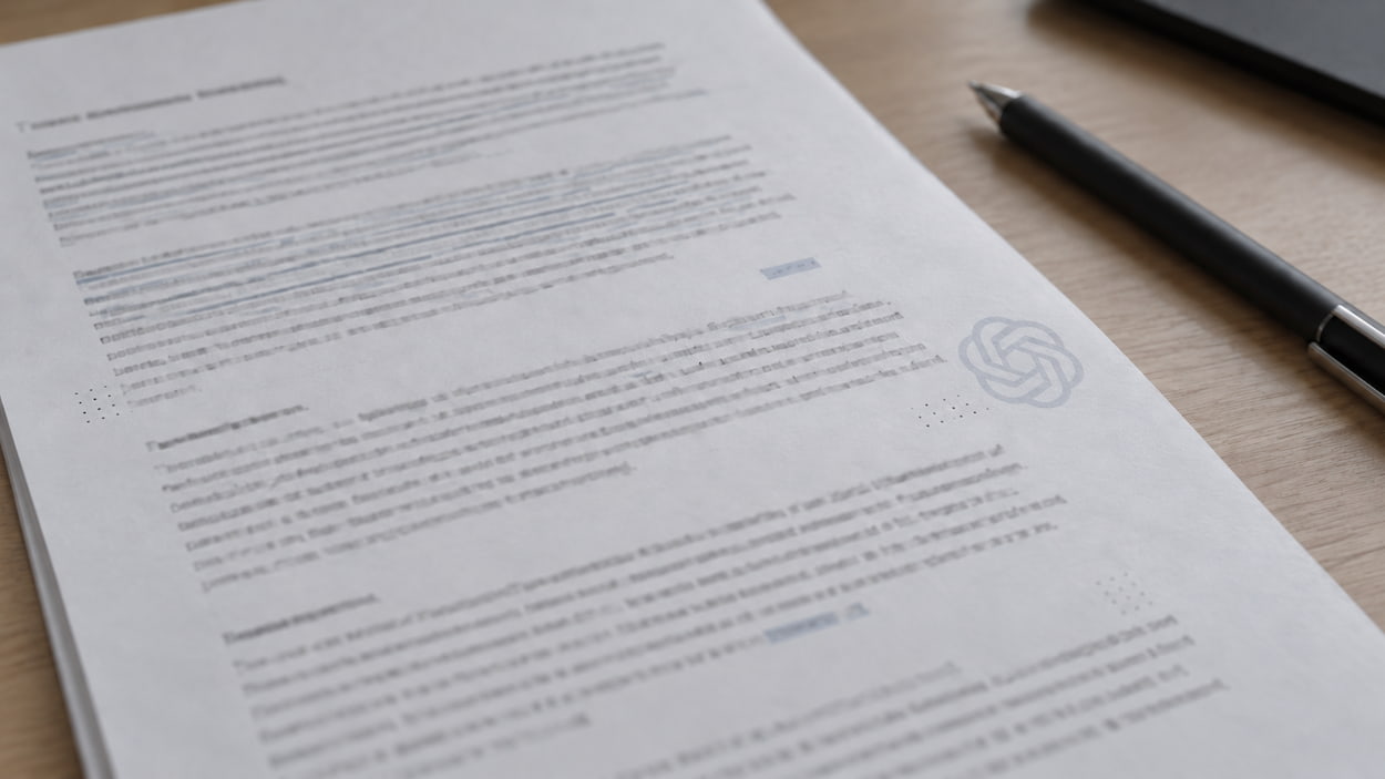 Hero_filigrane chatgpt : Document filigrané et stylo sur bureau en bois