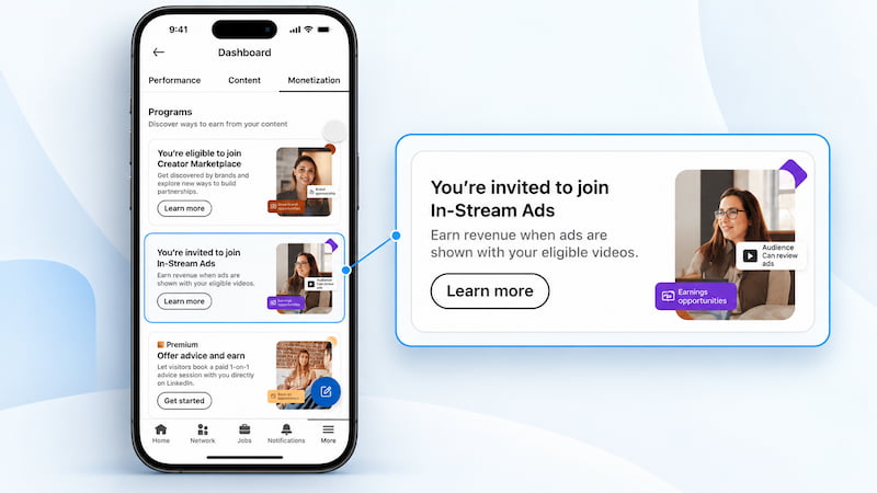 In-Stream Ads : LinkedIn teste la monétisation vidéo par la publicité pré-roll 1 Maquette mobile avec zoom sur In-Stream Ads