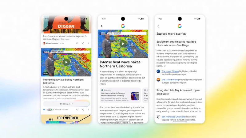 Google veut transformer Discover avec l’IA, un canal clé pour les médias 2 Trois écrans du test Dive deeper dans Google Discover, montrant un résumé IA et des liens vers des articles sources.