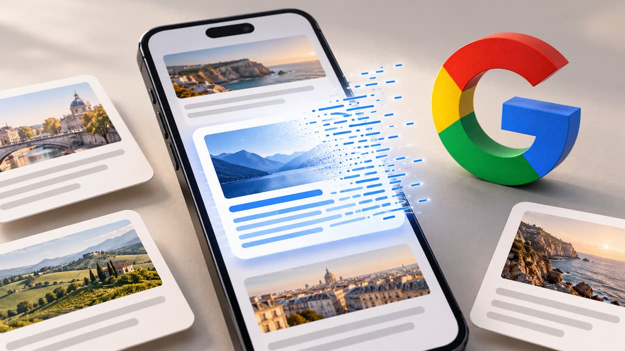 google-discover-ia-hero-v1 Illustration de Google Discover avec un smartphone, des cartes d’articles et des éléments évoquant la génération de contenu par IA.